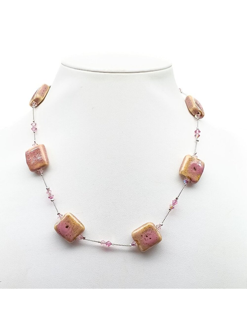 Vintage Station Choker Necklace with Crystal Bicone Beads and Glazed Ceramic Squ